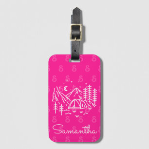 Bright Neon Pink Bold Camping Trip Monogram Luggage Tag