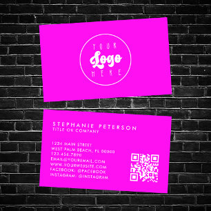 Bright Neon Pink Custom Company Logo QR Code Business Card