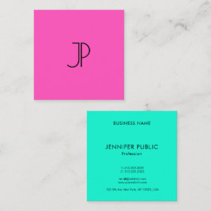 Bright Neon Pink Green Modern Elegant Monogram Square Business Card