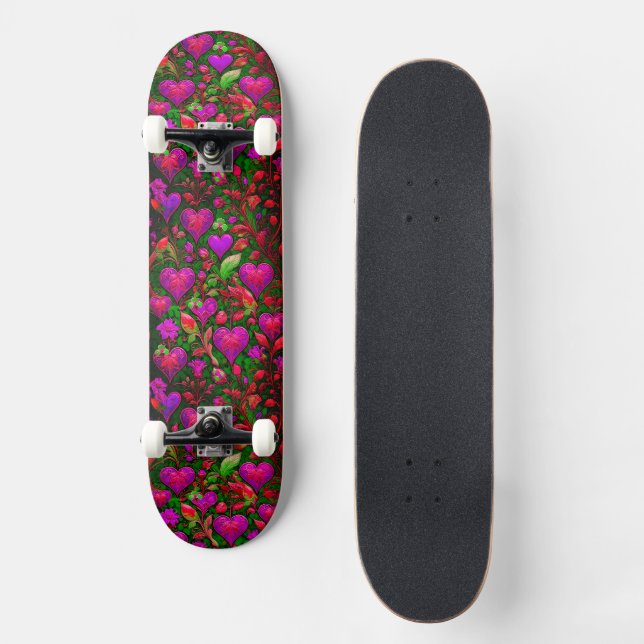 Bright Neon Pink Hearts and Green Floral Skateboard (Front)