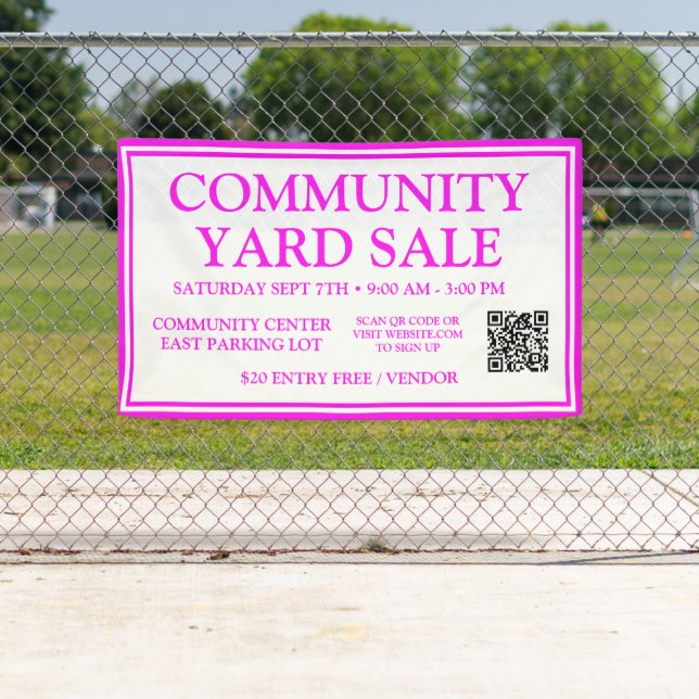 Bright Neon Pink White Community Yard Sale Banner (Insitu)