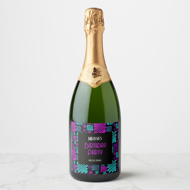 Bright Neon Purple Blue Geometric Birthday Sparkling Wine Label (Front)