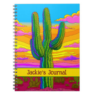 Bright Neon Saguaro Cactus Sunset Desert Scene Notebook