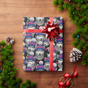 Bright Neon Siberian Husky in Beanie Hat Pattern Wrapping Paper