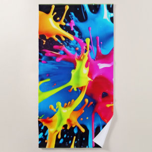 Bright Neon Splashes in Abstract Art Beach Towel