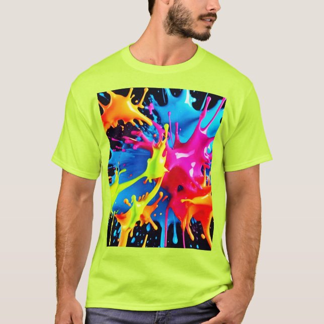 Bright Neon Splashes in Abstract Art T-Shirt (Front)