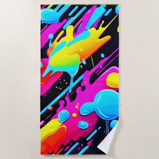 Bright Neon Splashes in Abstract Artwork Beach Towel (Front)