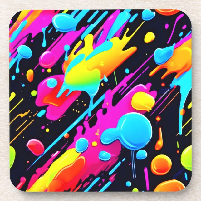 Bright Neon Splashes in Abstract Artwork Coaster (Front)