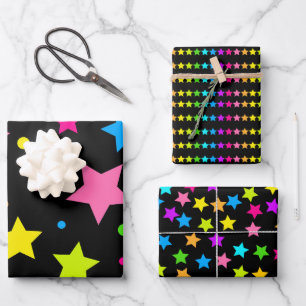Bright Neon Stars on Black Wrapping Paper Sheet