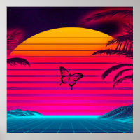 Bright Neon Sunrise to Sunset Sun and a Butterfly
