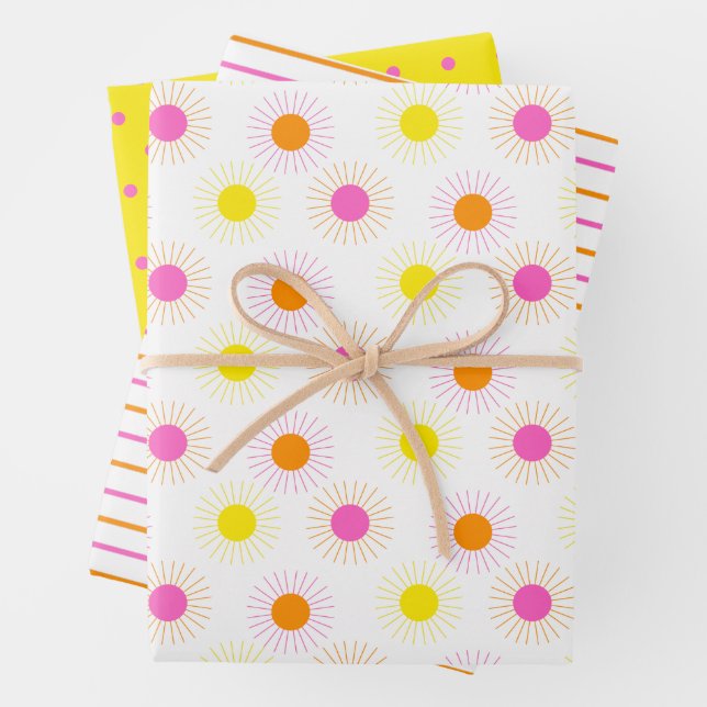 Bright Neon Sunshine Stripes and Dots  Wrapping Paper Sheet (In situ)