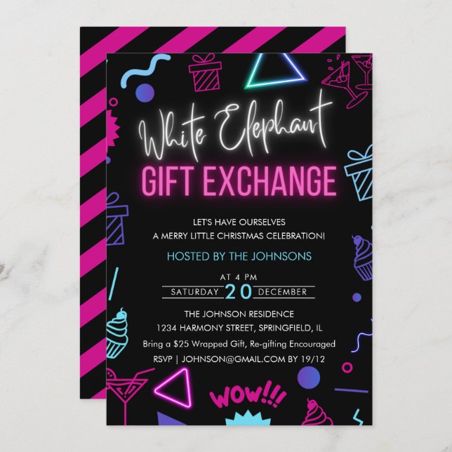 Bright Neon White Elephant Gift Exchange Party Invitation (Front/Back)