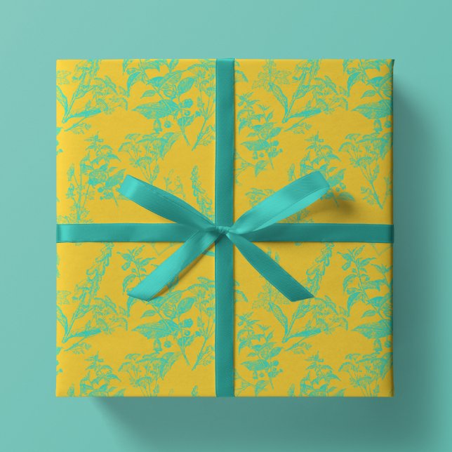 Bright Neon Yellow & Blue Wildflower Wrapping Paper Sheet (Creator Uploaded)