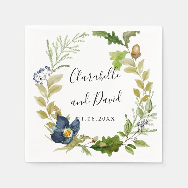 Bright Oak and blue flowers wedding personalised Napkin (Front)
