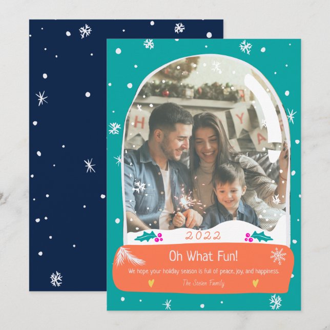 bright Oh What fun photo snow globe illustration Holiday Card (Front/Back)