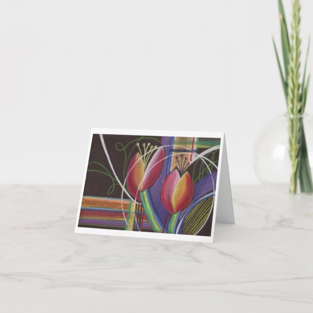 Bright on Black Pastel Tulips Notecard (Front)
