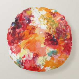 Bright Orange Abstract Canvas Flower Art Round Cushion