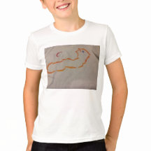 Bright orange acrylic stencil across chest