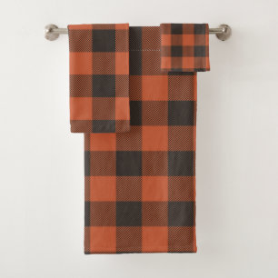 Bright Orange And Black Plaid Bath Towel Set