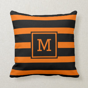 Bright Orange and Black Striped Monogram Cushion