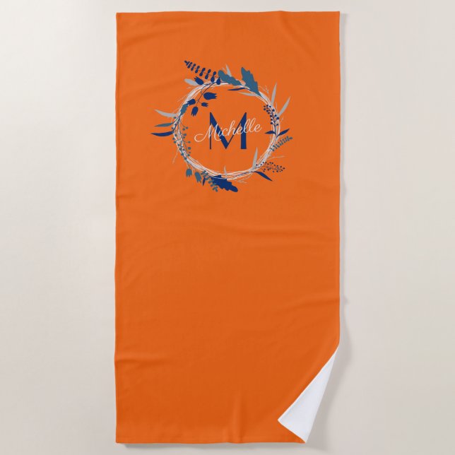 Bright Orange and Blue Wreath Name with Monogram Beach Towel (Front)