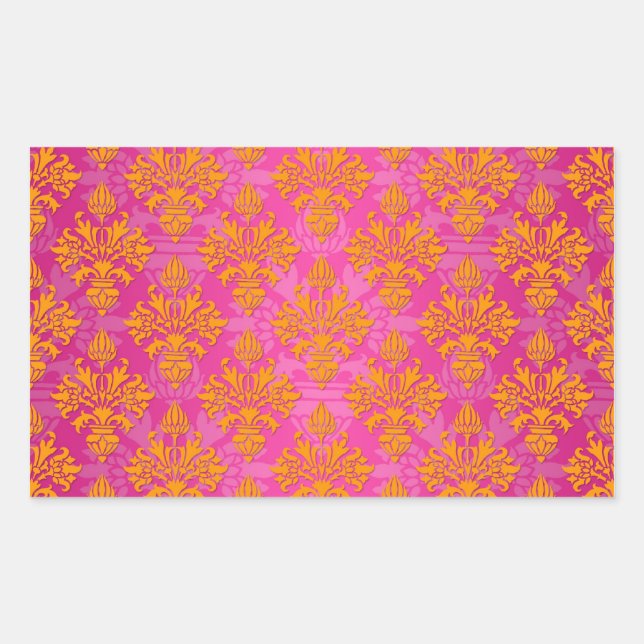 Bright Orange and Pink Floral Damask Rectangular Sticker (Front)