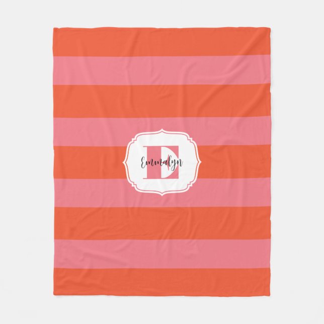 Bright Orange and Pink Monogram Striped Fleece Blanket (Front)
