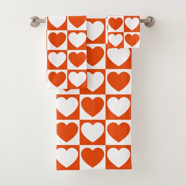 Bright Orange and White Chequered With Hearts Bath Towel Set (Insitu)