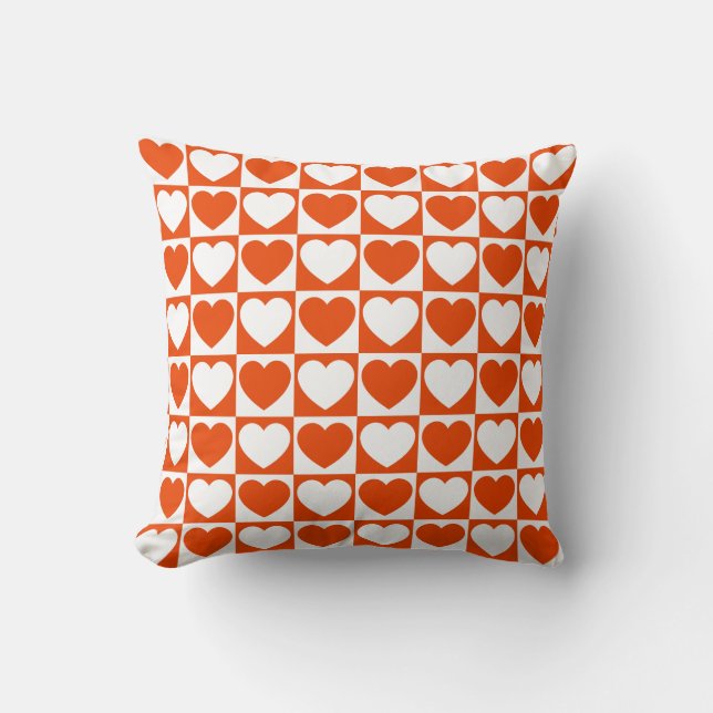 Bright Orange and White Chequered With Hearts Cushion (Front)