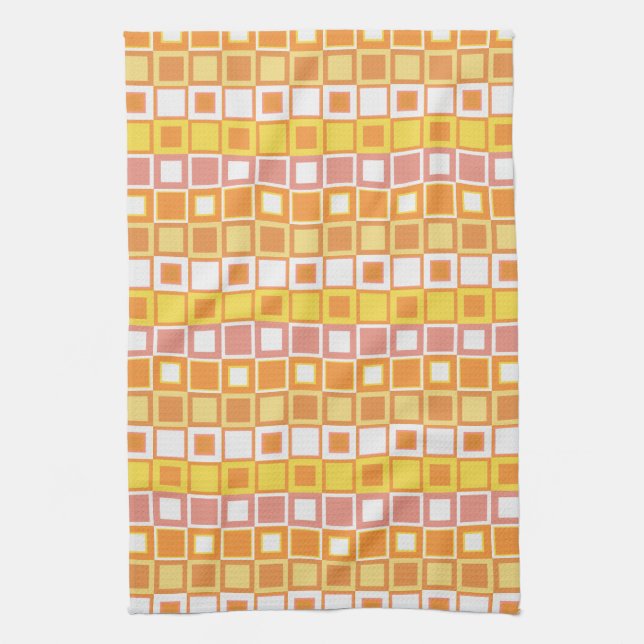 Bright Orange and Yellow Square Pattern Tea Towel (Vertical)