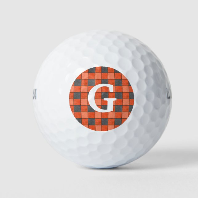 Bright Orange Black Check Golf Ball Monogram (Front)