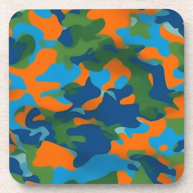 Bright orange, blue and green camouflage pattern coaster (Front)