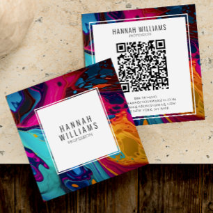 Bright Orange Blue Qr Code Colourful Marble Patter Square Business Card