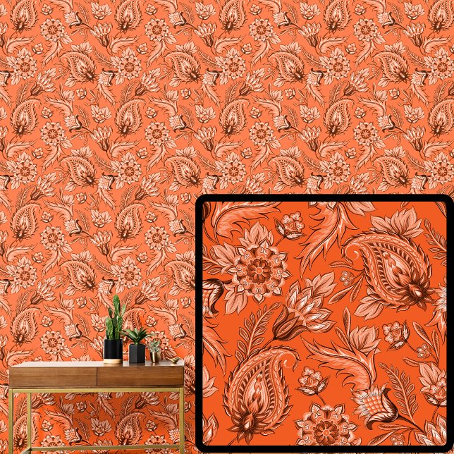 Bright Orange Brown Floral Paisley Elegant  Wallpaper (Creator Uploaded)