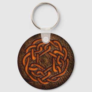 Bright orange celtic knot on leather key ring