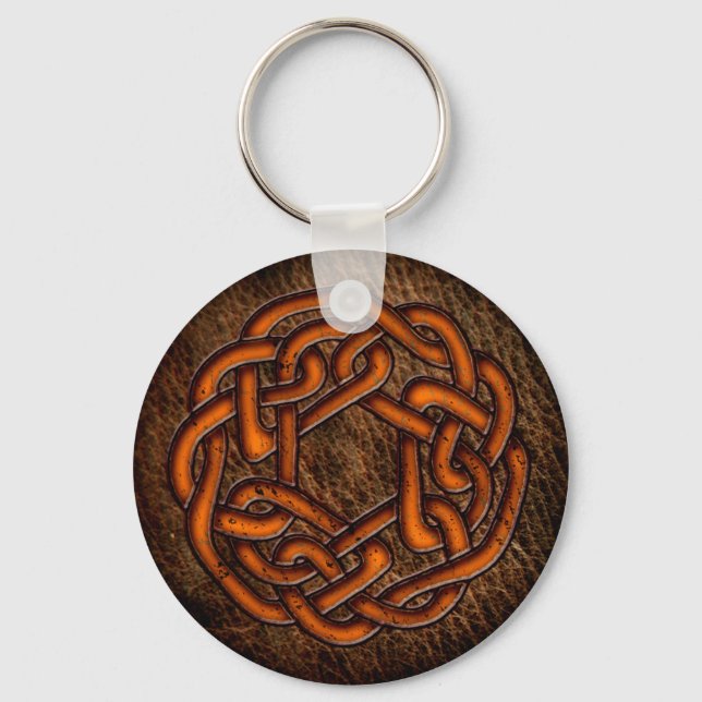 Bright orange celtic knot on leather key ring (Front)