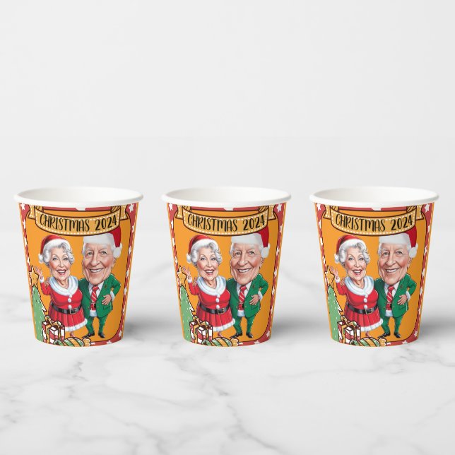 Bright Orange Christmas caricature couple Paper Cups (Multi)