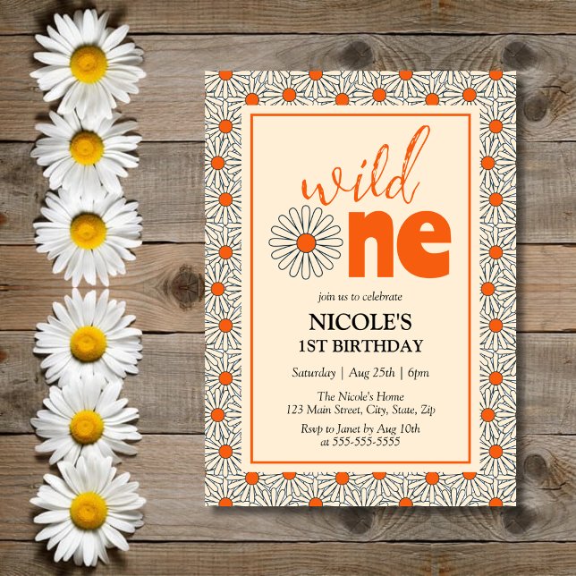 Bright Orange Daisies Girl Wild One 1st Birthday Invitation (Creator Uploaded)