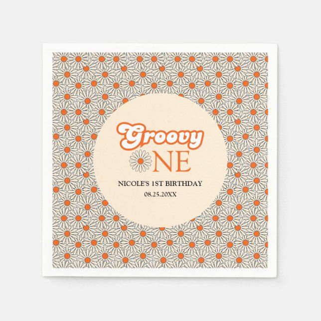 Bright Orange Daisy Groovy Arch 1st Birthday Napkin (Front)