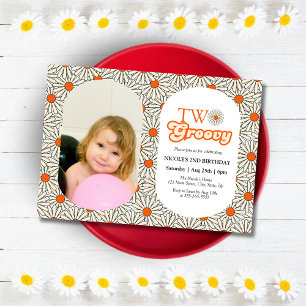 Bright Orange Daisy Photo Groovy 2nd Birthday Invitation