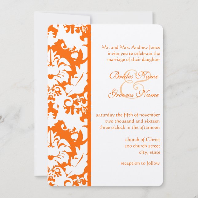Bright Orange Damask Wedding Invitations (Front)