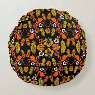Bright Orange Floral Tropical Patterned Round Cushion