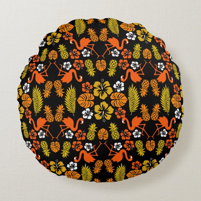 Bright Orange Floral Tropical Patterned Round Cushion (Front)