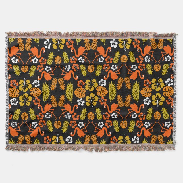 Bright Orange Floral Tropical Patterned Throw Blanket (Front)