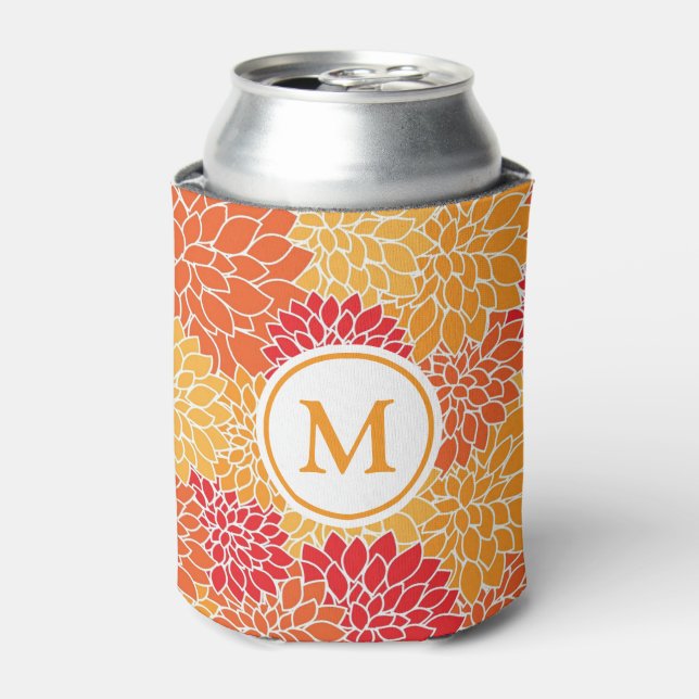 Bright Orange Flower Pattern Monogram Can Cooler (Can Front)