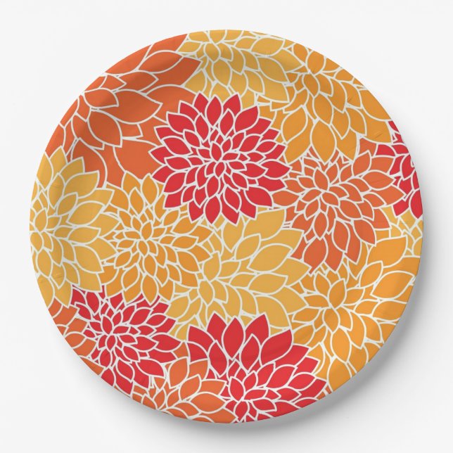 Bright Orange Flower Pattern Paper Plate (Front)