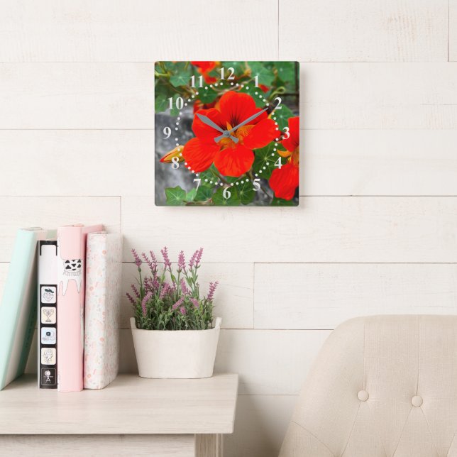Bright orange flowers square wall clock (Reading Room)