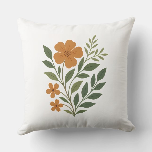 Bright Orange Flowers with Green Leaves Cushion (Back)
