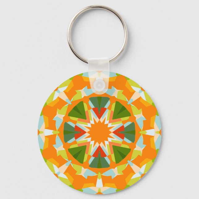 Bright Orange Fun Green Star Boho Kitsch Eclectic Key Ring (Front)