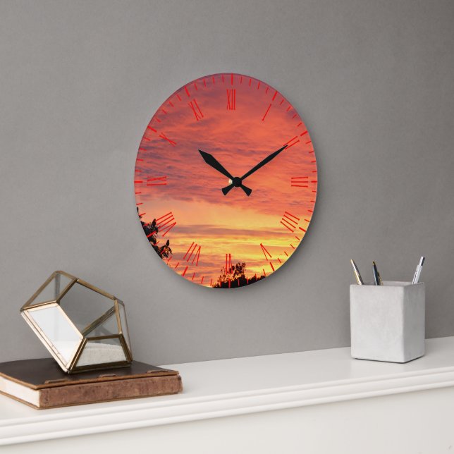 Bright Orange Glowing Cloudy Sunset, Large Clock (Office)